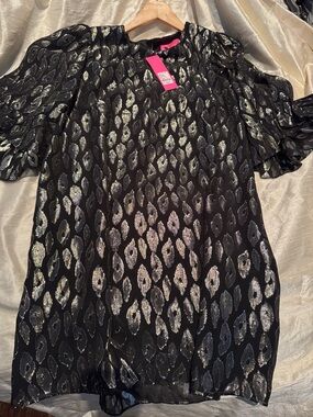 Lilly Pulitzer Black Metallic Leopard-Print Ruffle Sleeve Tunic Dress